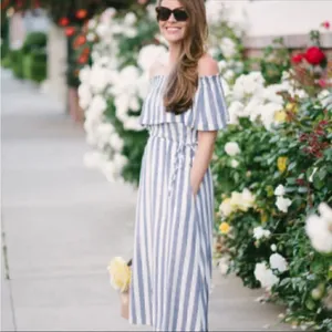 Ark & Co Womens Blue//White Striped Off Shoulder Smocked Maxi Dress Medium thumbnail 10