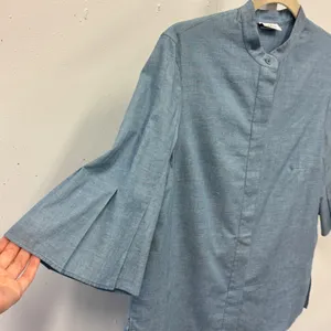Akris Punto Blue Chambray Mandarin Collar Pleated Sleeve Blouse 4 Quiet Luxury thumbnail 5