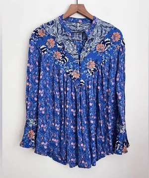 Free People Wildflower Fields Boho Blue Paisley Floral Print Tunic Top gypsy M thumbnail 5