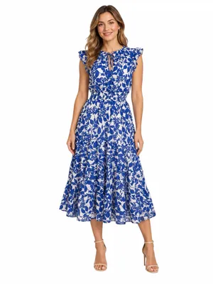Sugar Lips Midi Dress Size M Floral Ruffle Smocked Tiered Blue White Tie Neck thumbnail 13