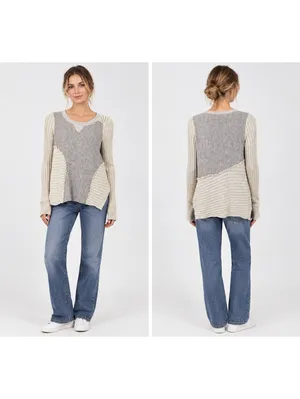 Anthropologie Saturday Sunday Woman’s M Mixed Knit Pullover Sweater Gray/Cream thumbnail 2