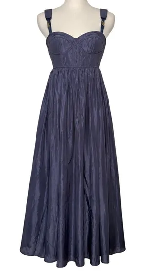 AMUR Bustier Corset Midi Dress Navy Taffeta Fit Flare Cocktail Small thumbnail 1
