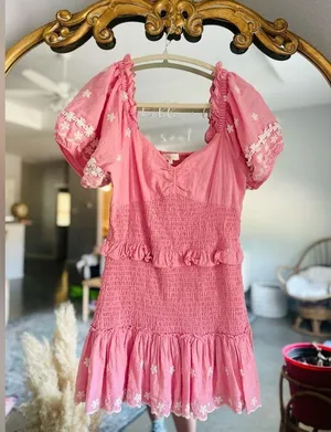 Loveshackfancy Jarrah pink smocked puff sleeve mini dress medium thumbnail 2