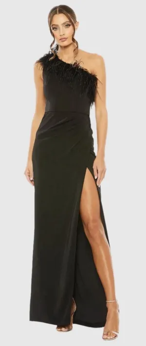 Mac Duggal 68456 Black One Shoulder Feather Trim Gown Size 6 Maxi Dress thumbnail 1