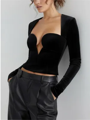 HOUSE OF CB Sierra Long Sleeve Plunge Corset, Black Velvet, XS thumbnail 1
