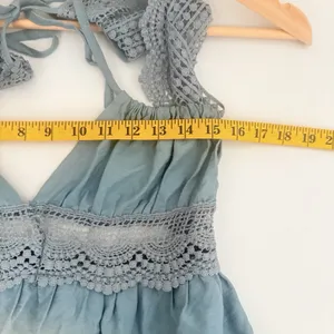 Boho Prairie Dusty Blue Crochet Backless Western Party Mini Ruffle Hem Dress M thumbnail 8