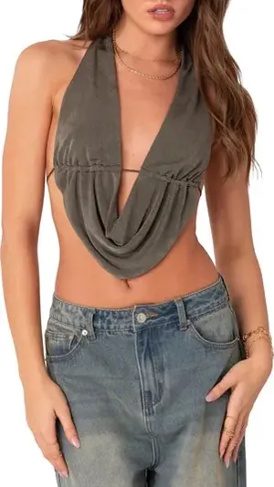 Edikted Cowl Neck Open Back Top Gray thumbnail 1