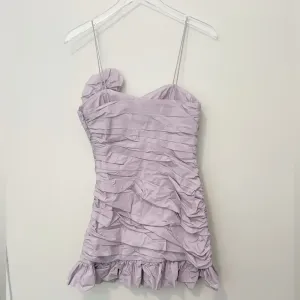 LOVESHACK FANCY Jessilyn Ruched Rosette Ruffle Hem‎ Mini Dress in Lavender XS thumbnail 4