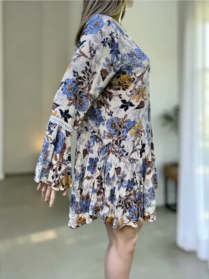 Umgee Floral Boho Tunic Mini Dress Large Bell Sleeve High Low Crochet Trim thumbnail 4