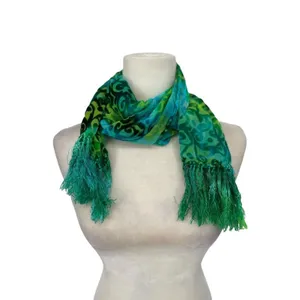 Velvet Burnout Shawl Scarf One‎ Size Silk Blend Fringe Retro Green Blue Vibrant thumbnail 3