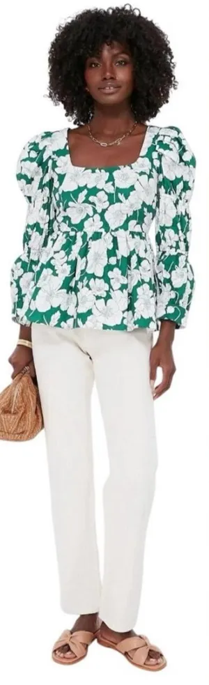 Tuckernuck Hyacinth House Green Floral Clemons Cotton Peplum Top Sz M 💛🎀 thumbnail 1