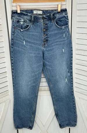 Abercrombie & Fitch Mom Jeans Women Size 10 Blue High Rise Distressed Button Fly thumbnail 1