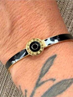 Black Round Roman Gold Tone Stainless Steel Hinge Bangle Cuff thumbnail 1