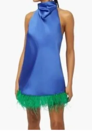 Weworewhat Blue Satin And green Feather Dress thumbnail 1