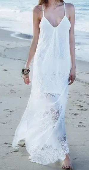 Lace Maxi Shift Dress Womens M White Boho‎ Bridal Wedding Beach Party Ethereal thumbnail 1