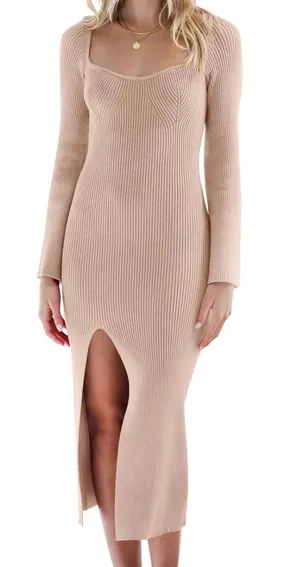 Sweater Dress With A Slit Tan thumbnail 1