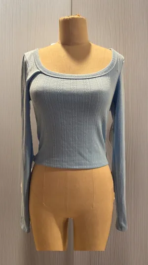 Wild Fable Women Small Trendy Square Neck Blue Long Sleeve Pointelle Shirt New thumbnail 1