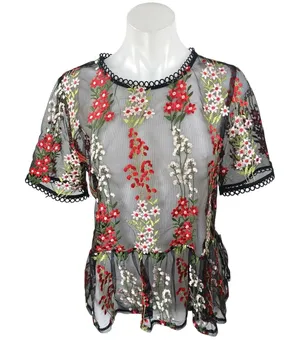 Loveriche Black Mesh Sheer Floral Embroidered Short Sleeve Peplum Blouse Top M thumbnail 1