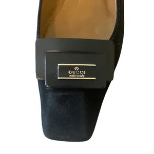 Vintage Gucci‎ Black Suede Square Toe Kitten Heels Logo 36 thumbnail 15