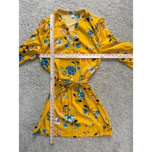 Old Navy Yellow Floral Shirt Dress Large Long Sleeve Ruffle Tie Waist Mini thumbnail 3