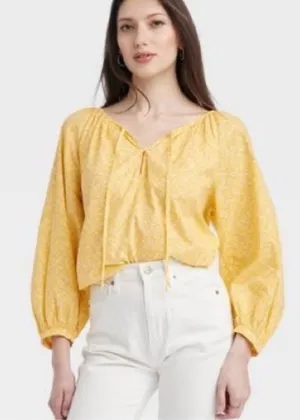 Universal Threads NWT Long Sleeve Cropped Yellow Floral Neck Tie Blouse Size L thumbnail 1