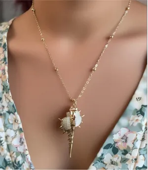 Gold Seashell Pendant Necklace Beachy Coastal Boho Necklace thumbnail 1