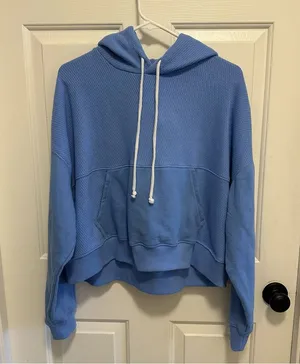 Aerie Pullover Sweater Women’s Blue Hooded Kangaroo Pocket Drawstring Size Med thumbnail 1