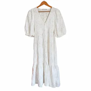 Zara White Eyelet Embroidered Midi Dress Size S Puff Sleeve Cotton Boho Cottage thumbnail 2