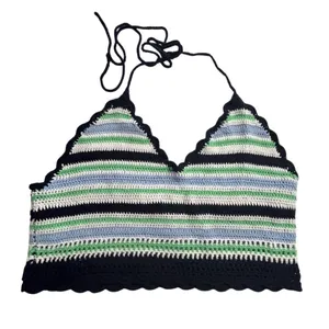 Aerie Women's L Multicolor Striped Crochet‎ Halter Crop Top Summer y2k thumbnail 1