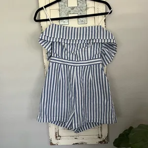 Lulus Nautical You Mine Blue and White Striped Off-Shoulder Romper thumbnail 2