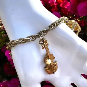 Vintage gold tone faux pearl instrument charm bracelet thumbnail 6