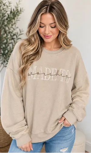 Jerzees Nublend “Made to Worship” Beige Crewneck Sweatshirt XL NWT thumbnail 1