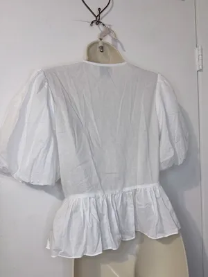 Playa Lucila White Puff Sleeve Peplum Tie Front Blouse S thumbnail 8
