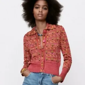 ZARA Cactus Flower Jacquard Knit Lightweight Cardigan‎ Sweater Jacket Size Small thumbnail 4