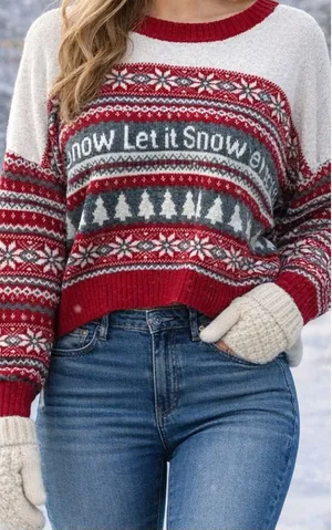 Jessica Simpson | EUC Cotton Red & Cream Let It Snow Holiday Sweater (size XL) thumbnail 1
