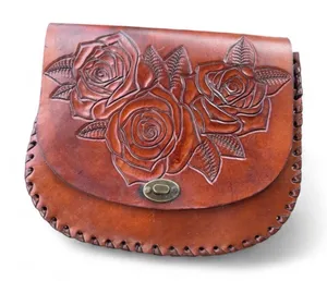 Vintage Hand Tooled Leather Rose Saddle Bag Brown Whipstitch Crossbody Purse thumbnail 1