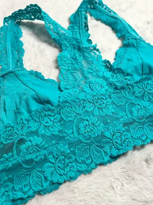 Teal Blue Lace Racerback Bralette Size Medium Aqua Wireless Comfort Lacy Stretch thumbnail 9