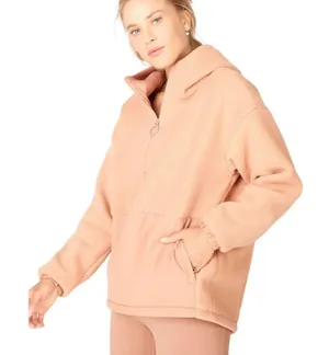 Fabletics Lotta Sherpa Half Zip Hooded Sweatshirt Jacket in peach tan thumbnail 2