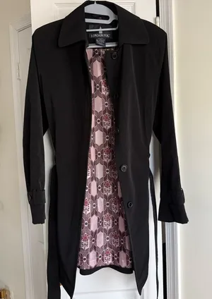 London Fog Black Belted Trench Coat Mid-Length Pink Pattern Lining - Size Medium thumbnail 1