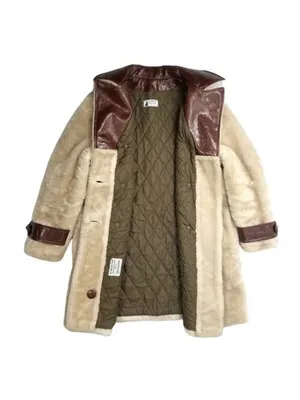 Vintage Fingerhut Fashions Fur Leather Coat Double Breasted Buttons Beige Sz 12 thumbnail 6
