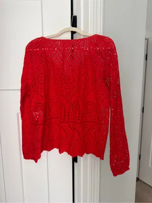 Sezane Ambra red eyelet long sleeve tassel v neck top thumbnail 5