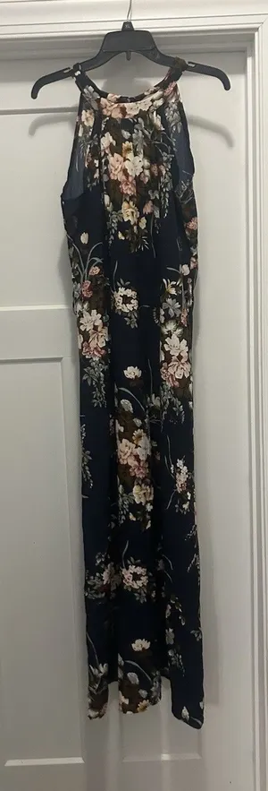 Women Navy Blue Floral Halter Maxi Dress Summer Boho Size 6 Wedding Guest Modest thumbnail 1