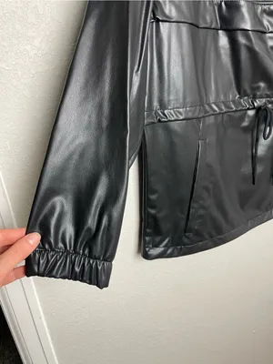 H&M Divided Oversized Black Faux Leather Hooded Anorak Utility Jacket Size L thumbnail 4