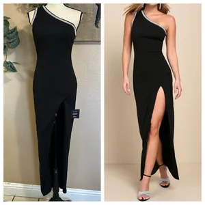 NWT Lulus Glamorous Muse Black Rhinestone One-Shoulder Maxi Dress thumbnail 2