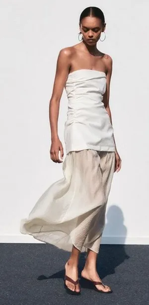 Zara Women's Combination Strapless Maxi Dress White/Cream Size XS thumbnail 1