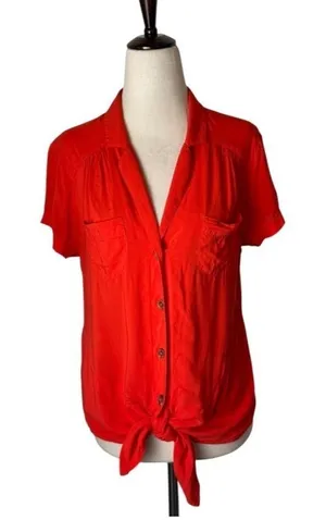 Maeve Anthropologie Shirt Women 4 Red Collared‎ Button Down Tie Front Top Preppy thumbnail 1