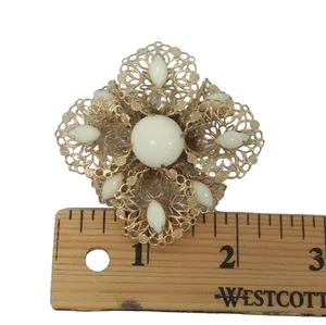 Vintage MCM Filigree Milk Glass? Goldtone Pin Brooch- FLAWED thumbnail 3