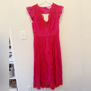 ANTHROPOLOGIE‎ NWT RANNA GIL Tomine Eyelet Midi Dress in Hot Pink size XS thumbnail 3