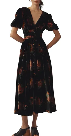 NWOT Anthropologie Katerina Button Front Midi Dress Black Velvet Floral Small thumbnail 1