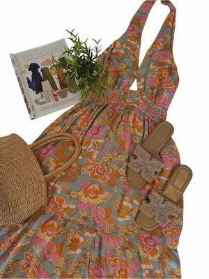 ZESICA Boho Retro Floral Halter Maxi Dress Pink Orange Tiered Sun Dress Large thumbnail 9